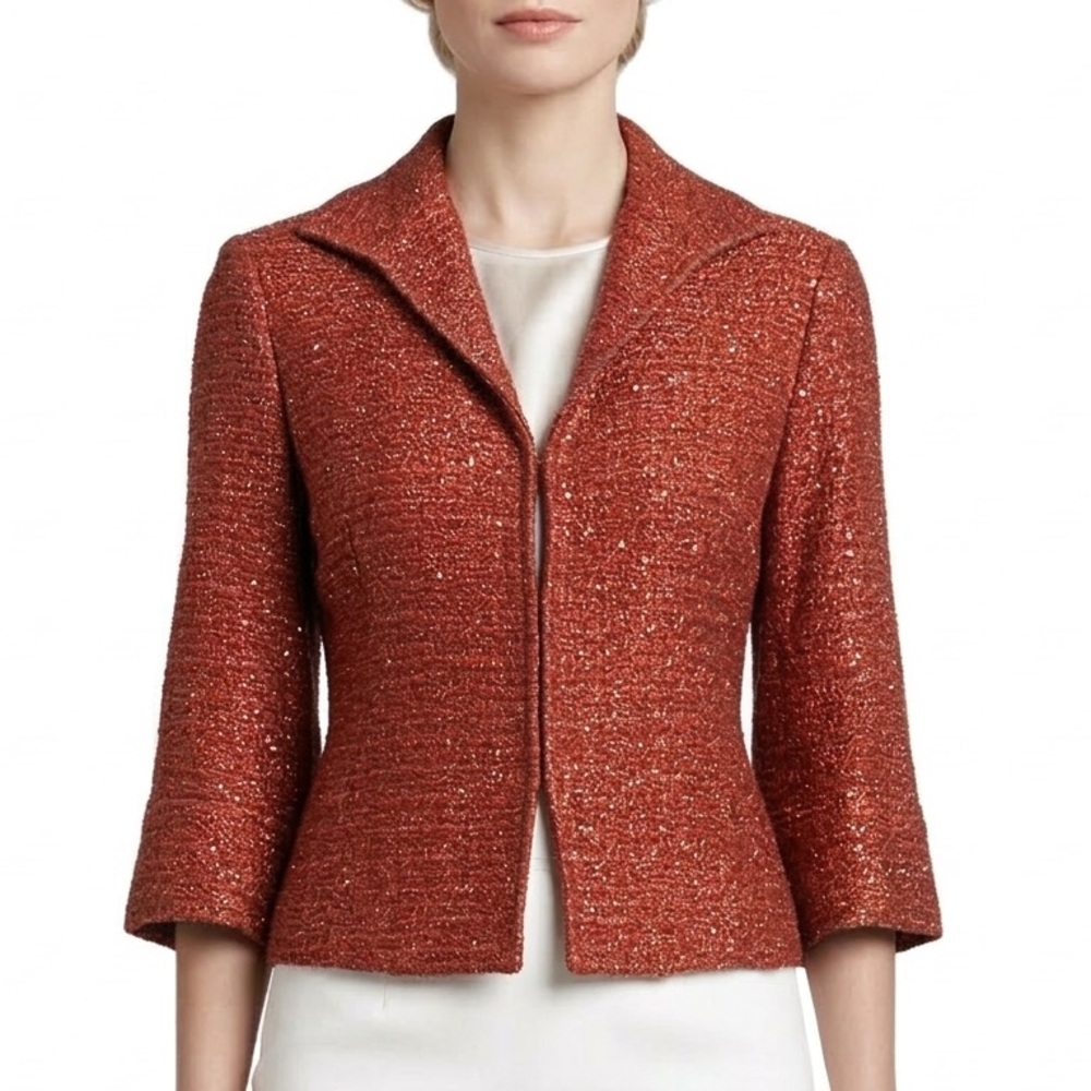 Lafayette 148 Metallic Sparkle Wool Tweed Blazer Suit Red Orange Silver Work 4 - Picture 1 of 16